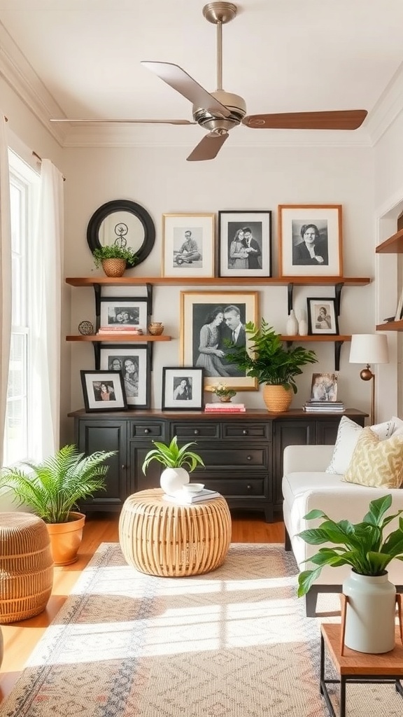 Cozy living room with family photos, plants, and stylish decor.