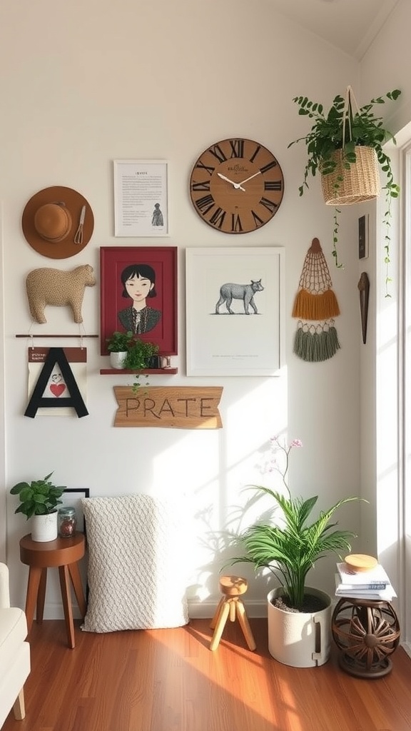 A cozy corner with a gallery wall featuring art, a clock, and decorative items.