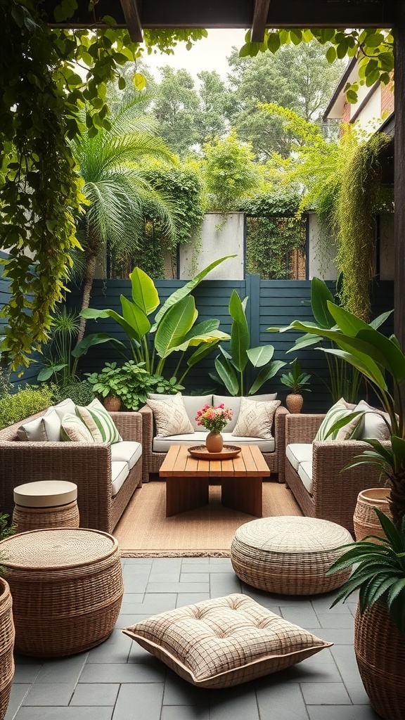 Cozy outdoor lounge with various plants and comfortable seating.