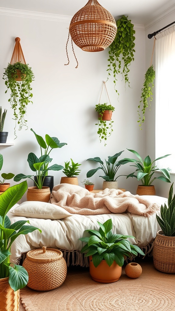 A cozy boho chic bedroom filled with various plants and greenery.