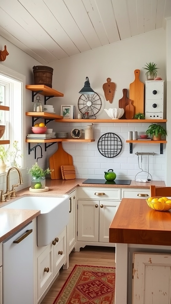 A cozy kitchen featuring open shelves, a farmhouse sink, and warm wood accents.