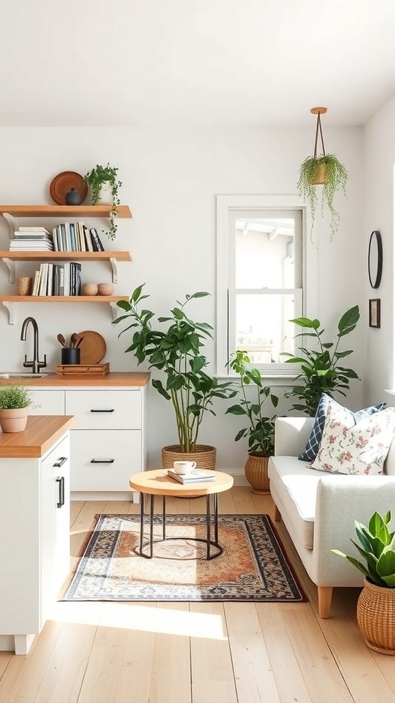 A cozy farmhouse living room with plants, a coffee table, and patterned cushions.
