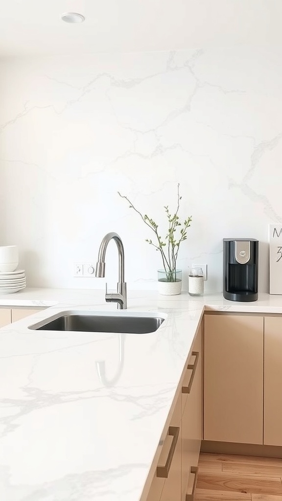 A modern kitchen with a quartz countertop, minimalist decor, and a few decorative items.