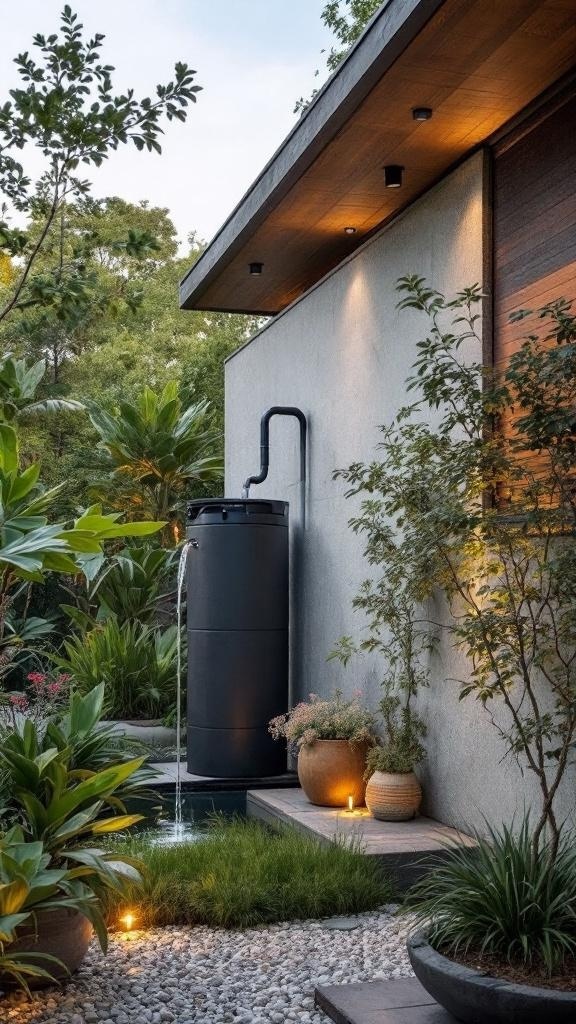 A modern home with a rainwater harvesting system featuring a stylish bathtub and water feature.