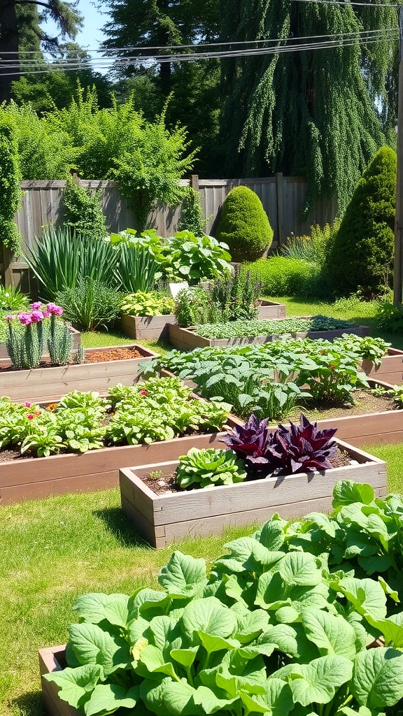 A sunny backyard with raised vegetable beds filled with various plants and vegetables.