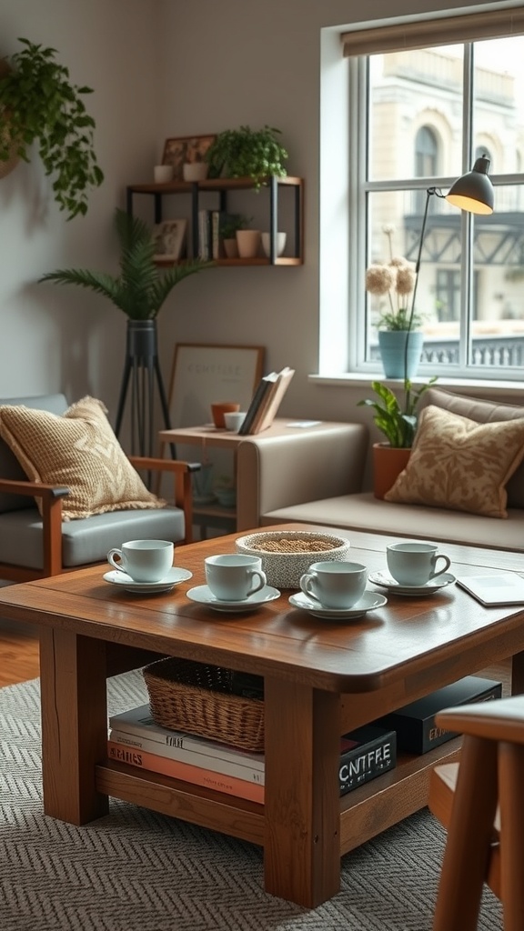 A cozy coffee nook featuring a reclaimed wood coffee table with coffee cups and a decorative basket.