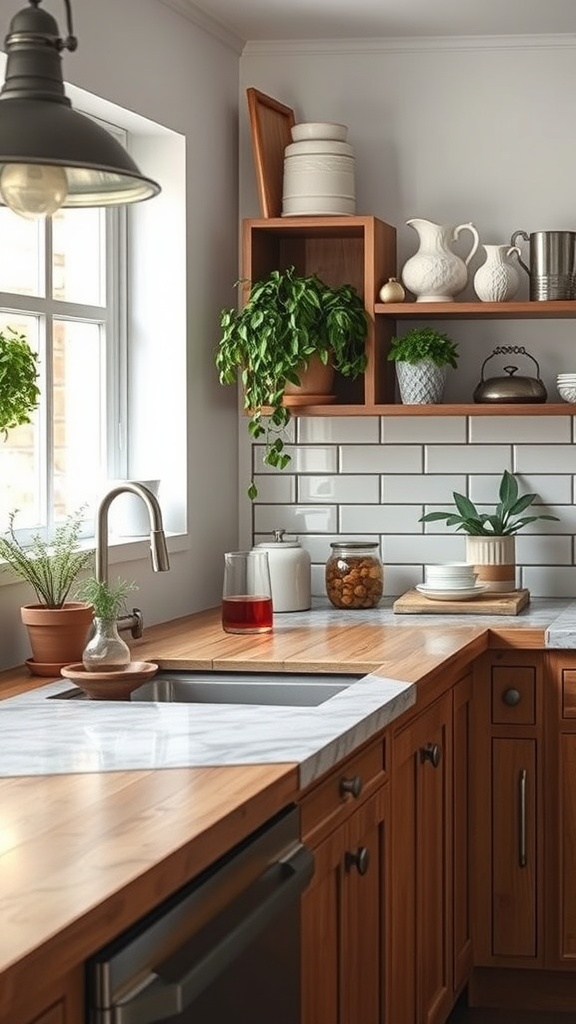 A kitchen featuring a reclaimed wood countertop with vintage decor and plants.