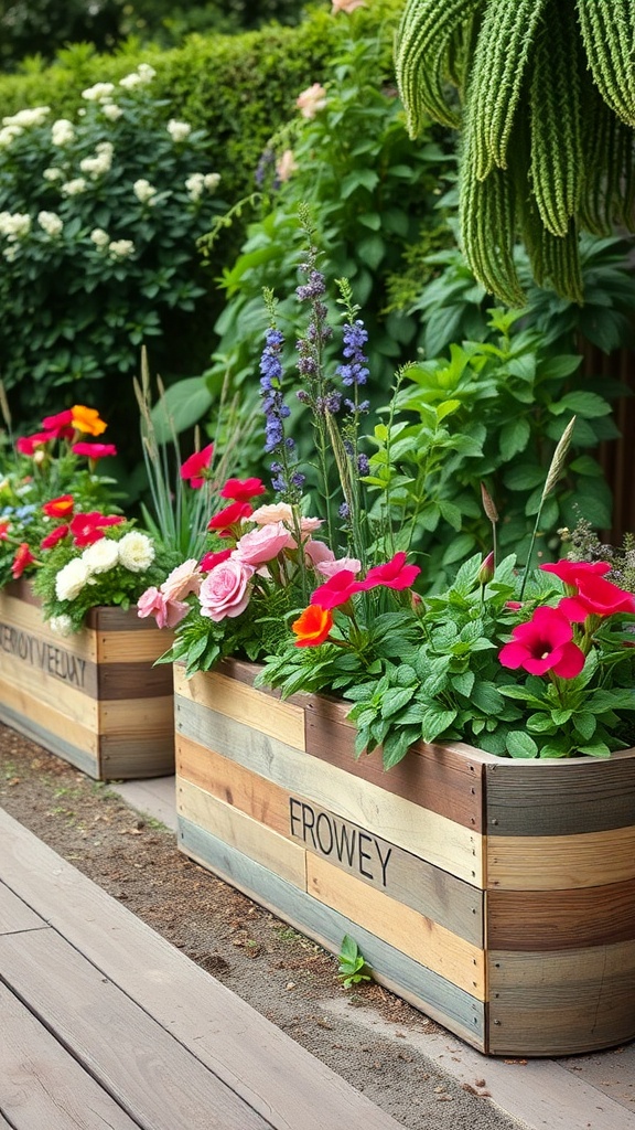 Two reclaimed wood planters filled with colorful flowers in a garden setting.