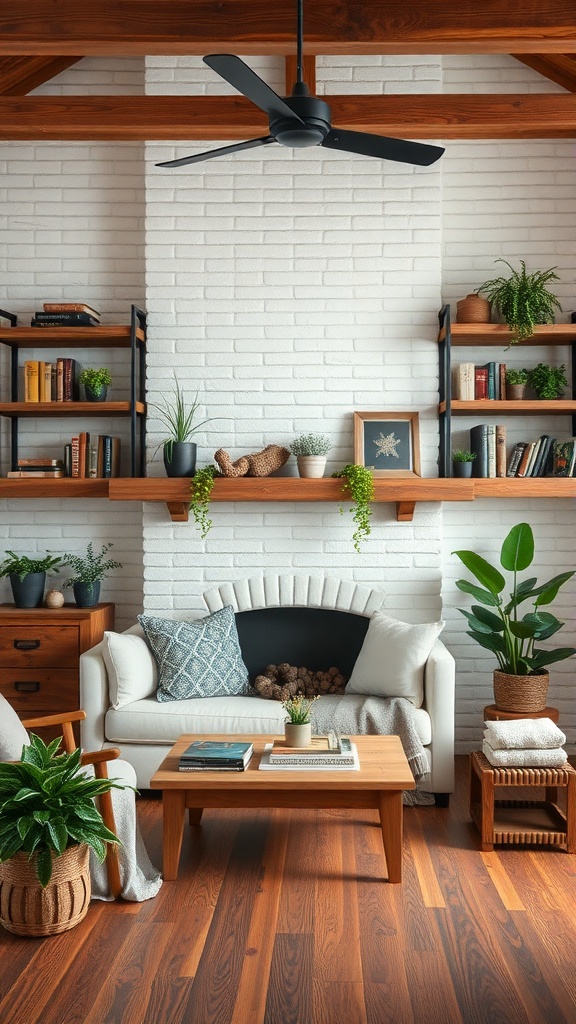 Cozy living room with reclaimed wood shelves, plants, and a comfortable sofa.