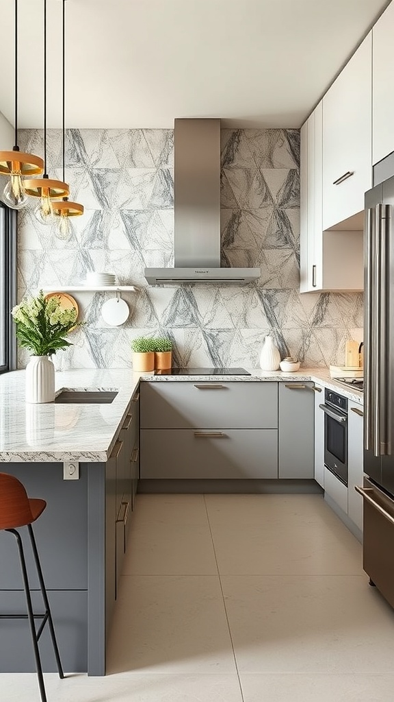 A modern kitchen featuring recycled glass countertops, showcasing a blend of colors and textures.