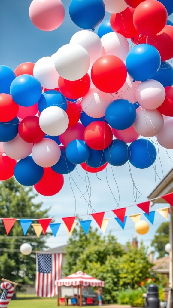A colorful display of red, white, and blue balloons against a clear sky.
