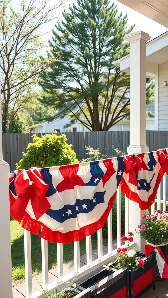 Red, white, and blue bunting hanging on a porch railing with flowers in planters.