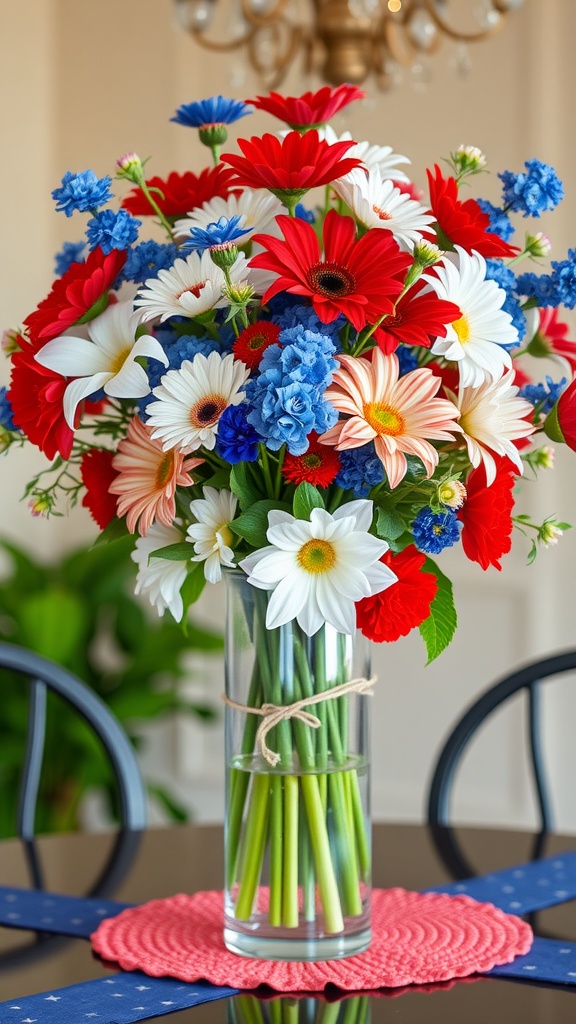 A vibrant flower arrangement featuring red, white, and blue flowers in a clear vase.