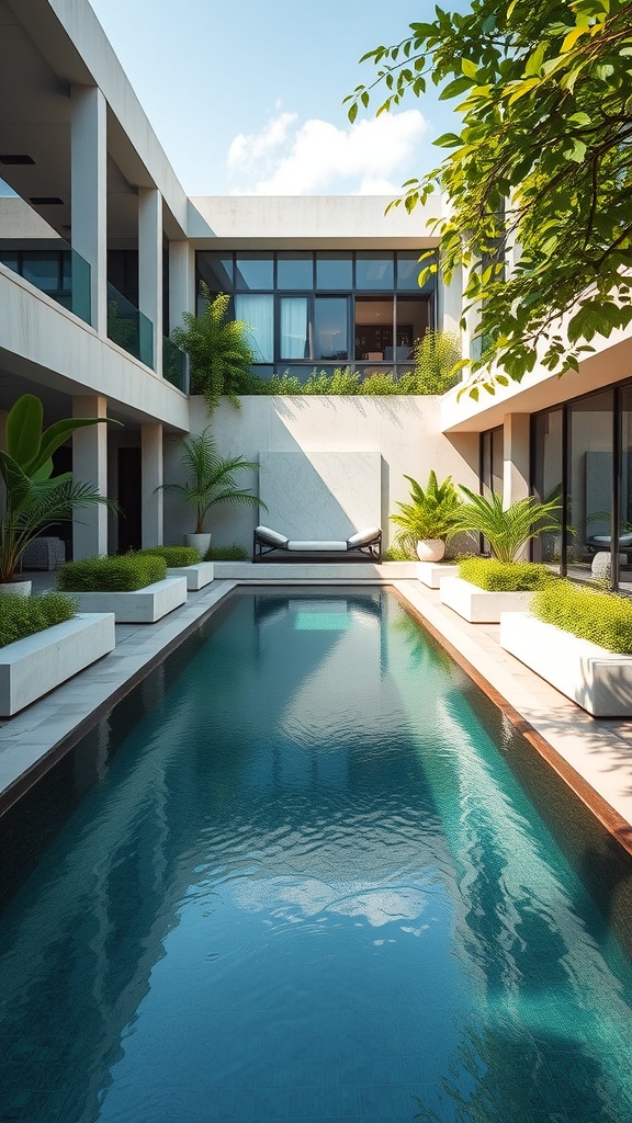 A modern courtyard featuring a reflective pool surrounded by greenery and sleek architecture.