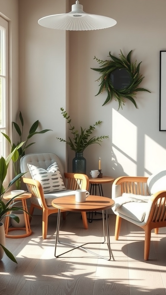 A cozy coffee corner with chairs, tables, and plants in a sunlit room.