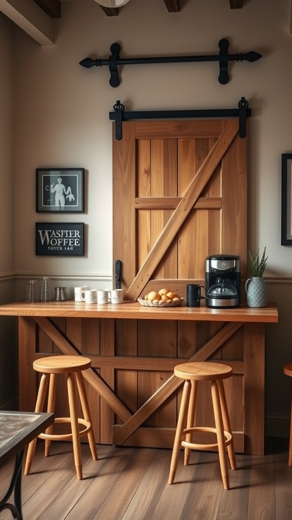A rustic coffee bar featuring a repurposed barn door, wooden stools, and coffee accessories.