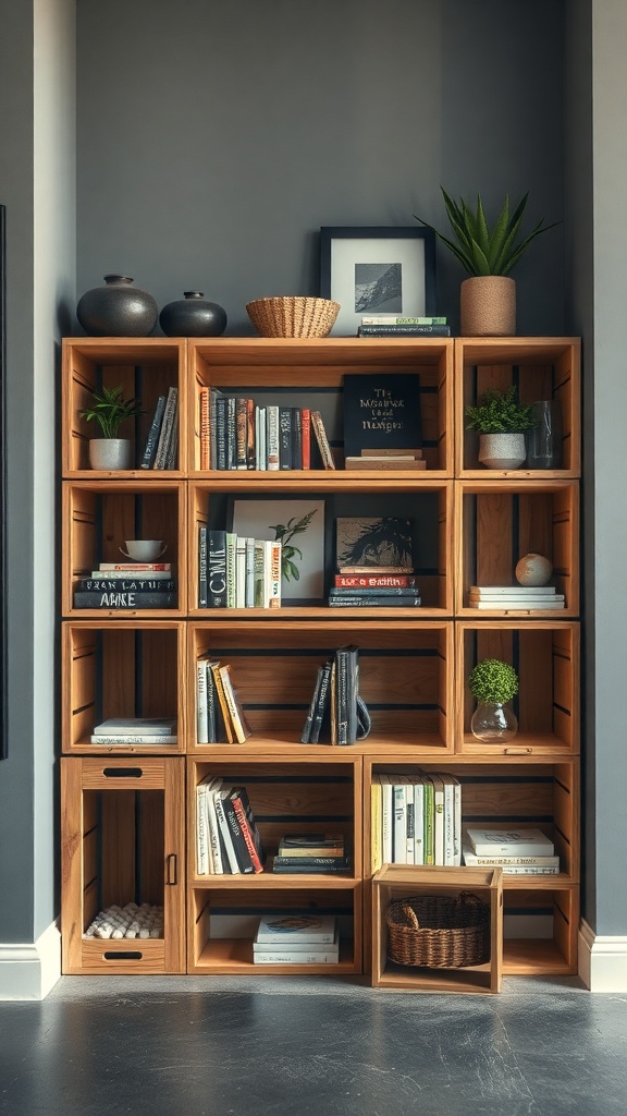 A bookshelf made of wooden crates displaying various books and decorative items.