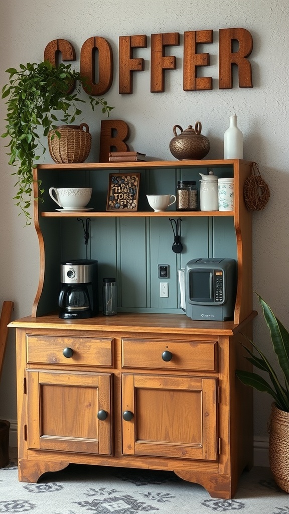 A rustic wooden coffee station with a coffee maker, cups, and decorative items.