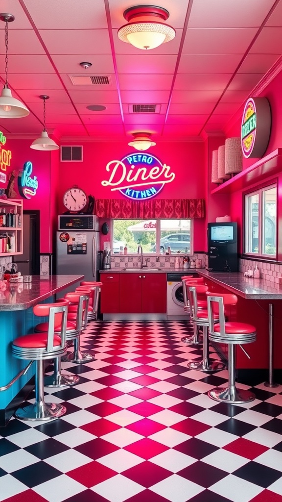 A retro diner-inspired kitchen featuring neon signs, checkered flooring, and red seating.