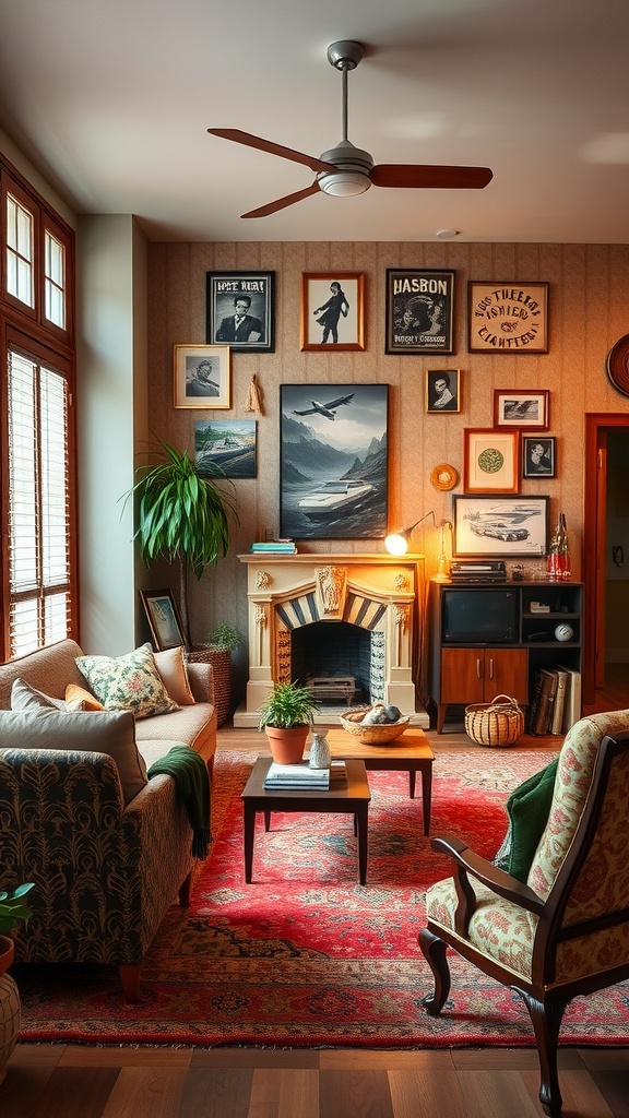 A cozy retro living room featuring vintage furniture, eclectic decor, and warm colors.