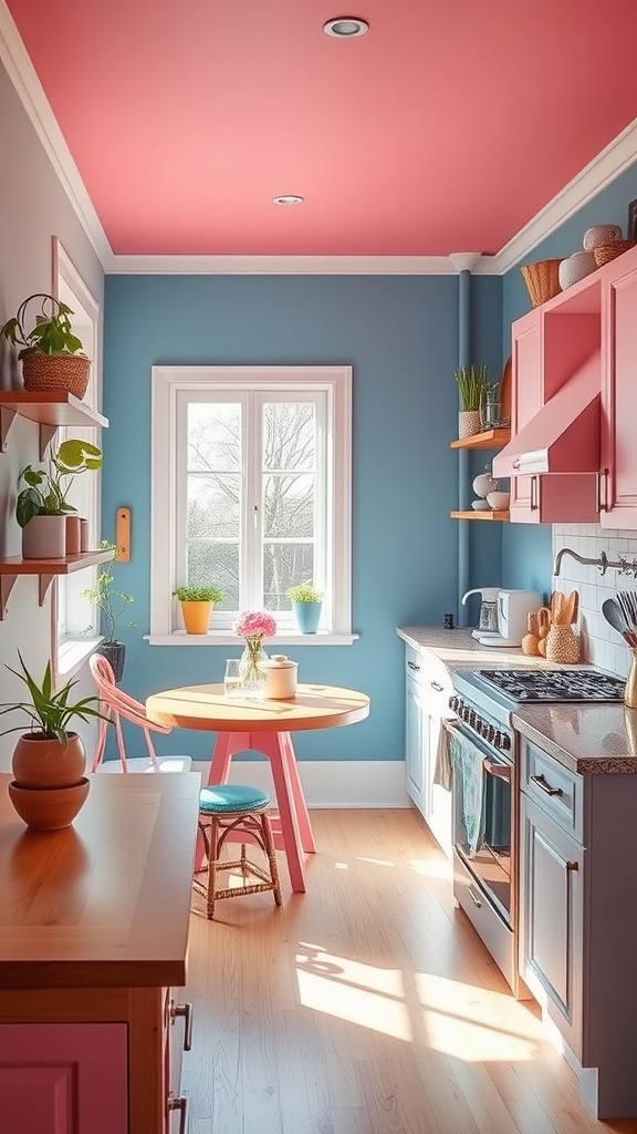 A colorful kitchen with pink ceiling, blue walls, and vibrant accessories.
