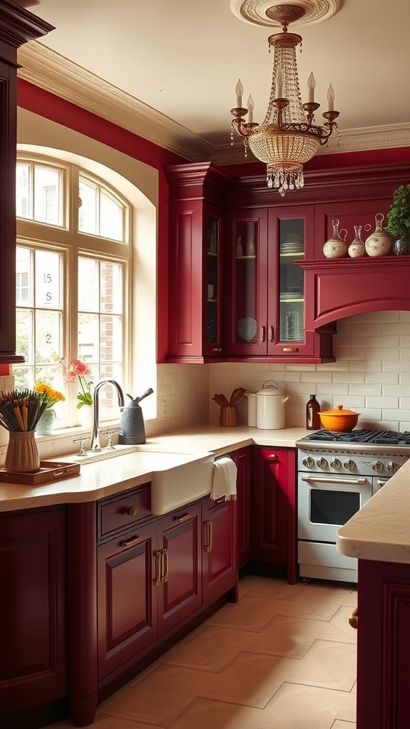 A kitchen featuring rich burgundy cabinets and cream countertops with a chandelier.