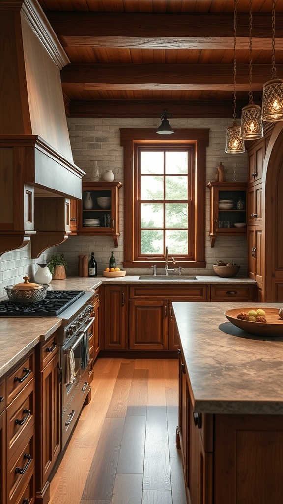 A cozy kitchen featuring rich soapstone countertops and wooden cabinetry.