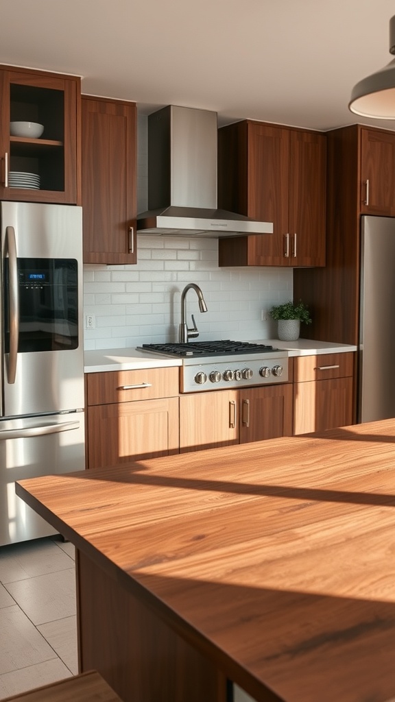 A modern kitchen featuring rich walnut wood finishes on cabinets and countertops.