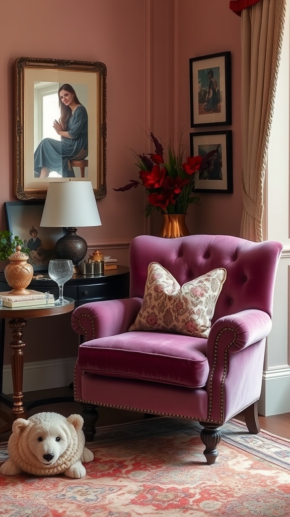 A richly upholstered red velvet armchair in a cozy room with elegant decor.