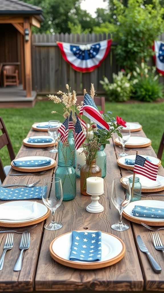 Outdoor tablescape featuring rustic wooden table with blue star-patterned napkins and small American flags for Independence Day.