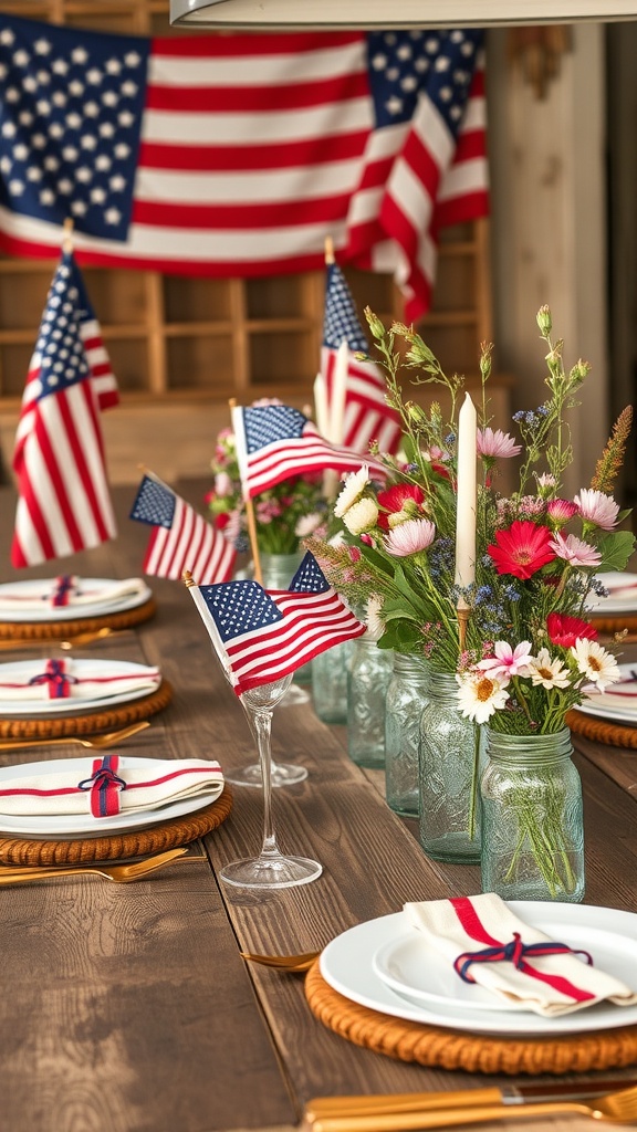 A rustic Americana themed tablescape featuring mason jars with flowers, small American flags, and a wooden table.