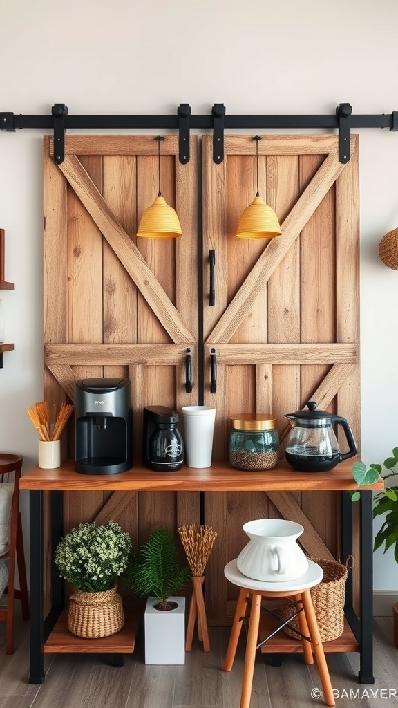Rustic barn door coffee station with coffee makers and plants.