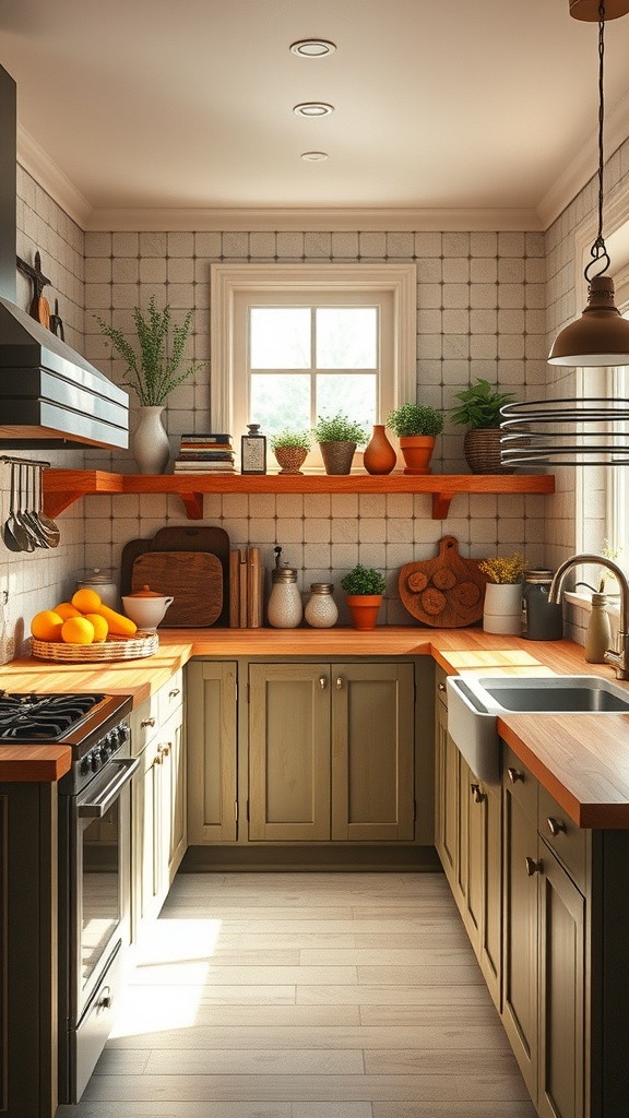 A cozy kitchen featuring rustic butcher block countertops with plants and oranges.