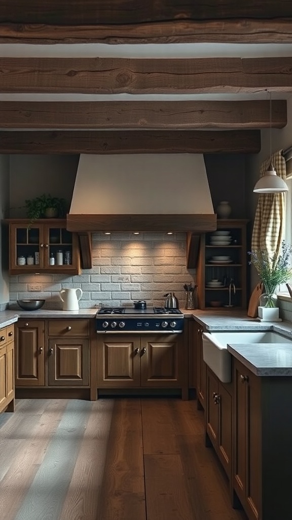 A rustic kitchen featuring exposed wooden beams, wooden cabinets, and a cozy ambiance.