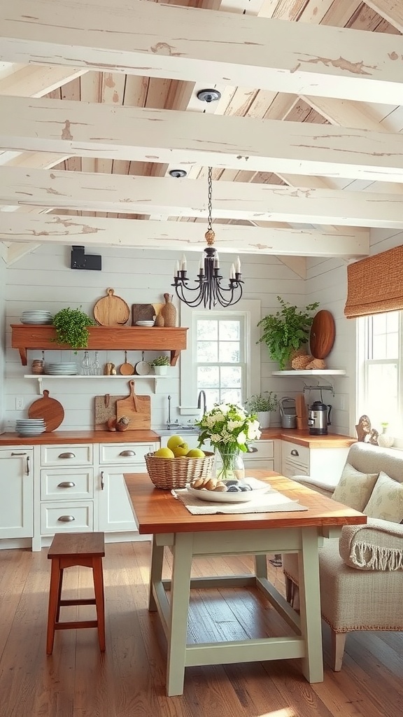 A rustic white kitchen with wooden floors and beams, featuring white cabinets and a central wooden table.