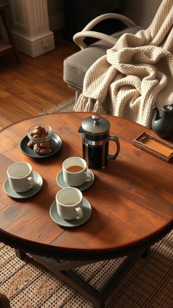 A rustic coffee table setup featuring a French press, cups of coffee, and a bowl of cookies.