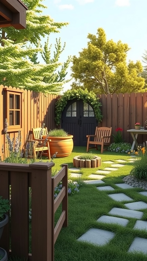 A rustic country garden featuring wooden fences, stone pathways, and cozy seating.