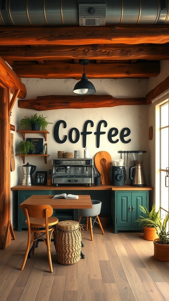 A rustic coffee nook featuring wooden beams, a coffee machine, and plants.