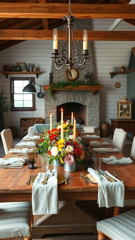 A rustic dining table setting with a wooden table, floral centerpiece, and candles.