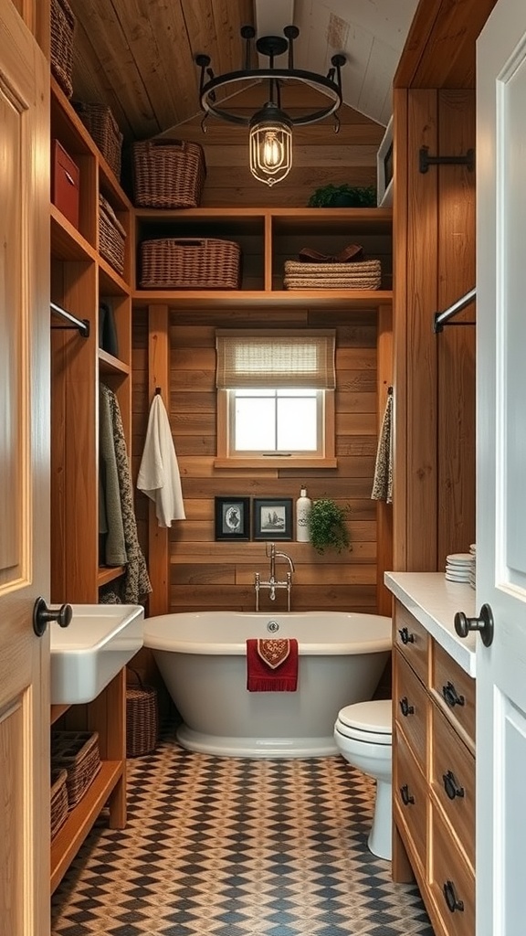 Rustic farmhouse bathroom with wooden shelves, a freestanding tub, and cozy decor.