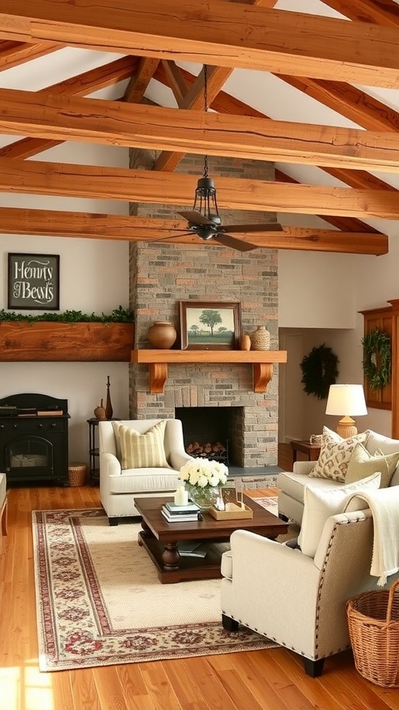 A cozy rustic farmhouse living room with wooden beams, a fireplace, and comfortable seating.