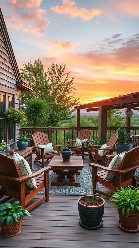 A rustic farmhouse deck with wooden chairs, a table, and potted plants, set against a beautiful sunset.