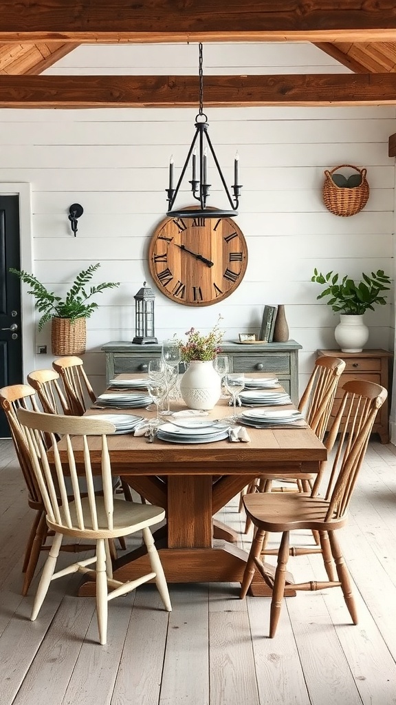 A rustic farmhouse dining table surrounded by wooden chairs, set for a meal.