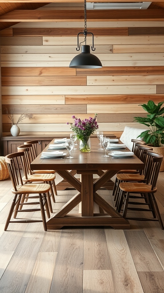 A rustic farmhouse table set for dining with wooden chairs and a floral centerpiece.