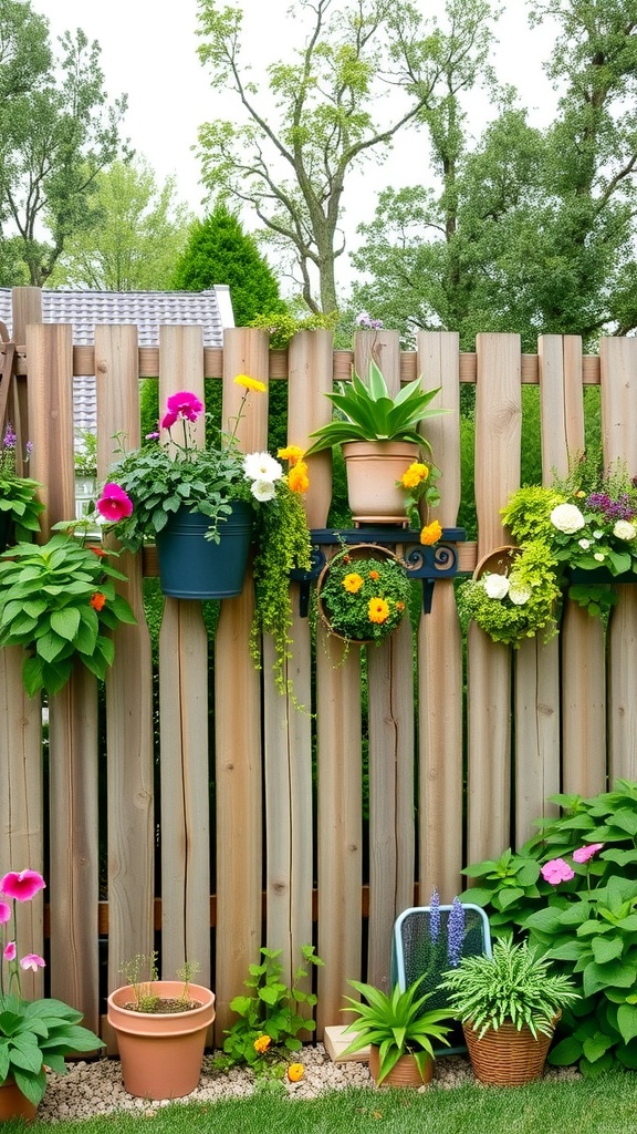 A rustic wooden fence adorned with colorful flower pots and plants.