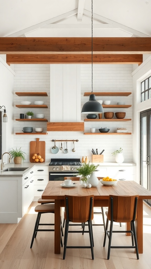 A rustic kitchen featuring wooden beams, open shelves, and a wooden dining table.