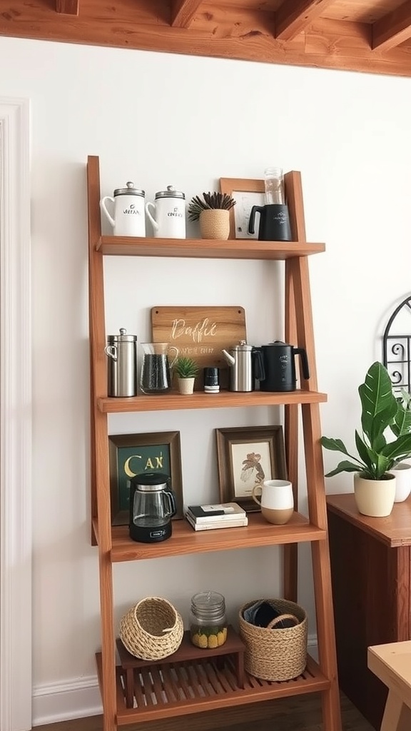 A rustic ladder shelf displaying coffee essentials, including mugs, a coffee maker, and plants.