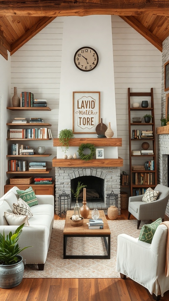 A cozy living room featuring rustic ladder shelves filled with books and decor.
