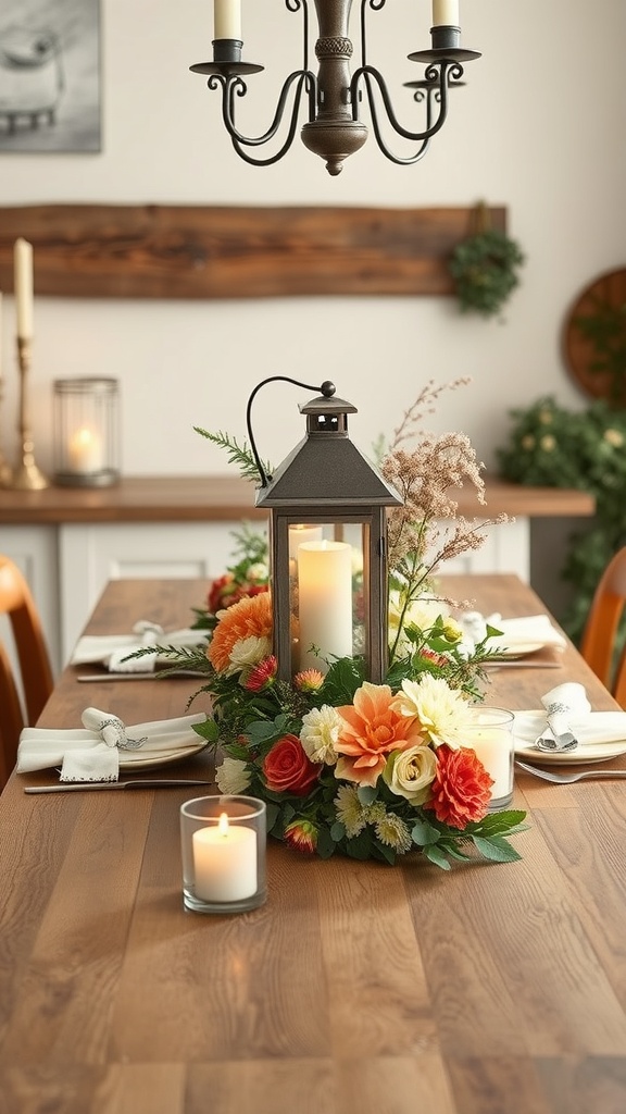A rustic lantern centerpiece surrounded by flowers and candles on a dining table.