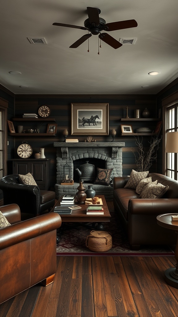 A cozy Western Gothic living room featuring rustic leather furniture accents.